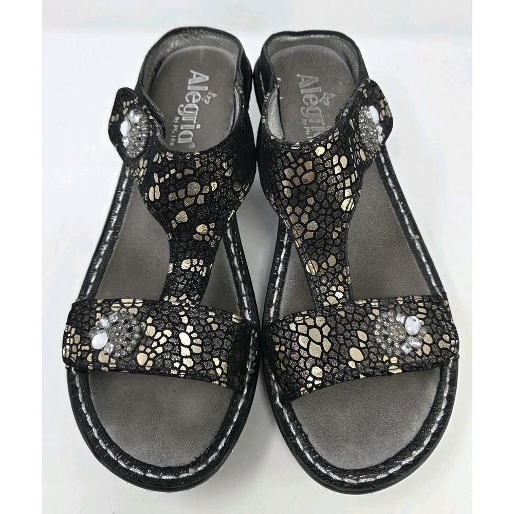 Alegria Lara Slide Sandal Size 38 7.5-8 Black Mosaic Pewter Leather Adjustable